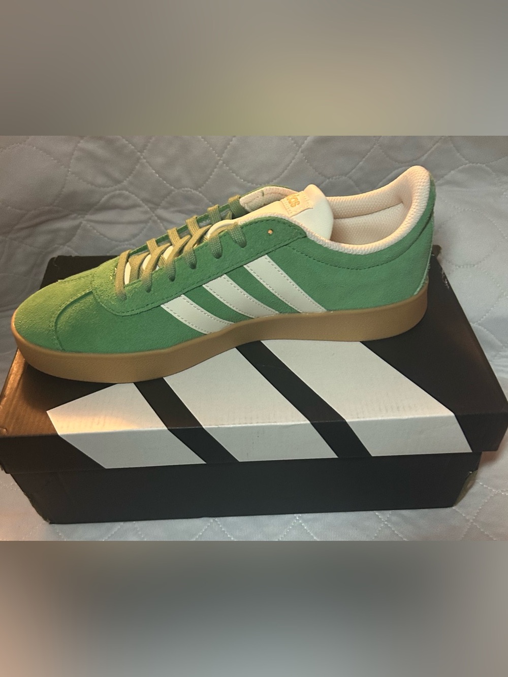 adidas Men’s Green Suede Sneaker with White Stripes and Gum Sole